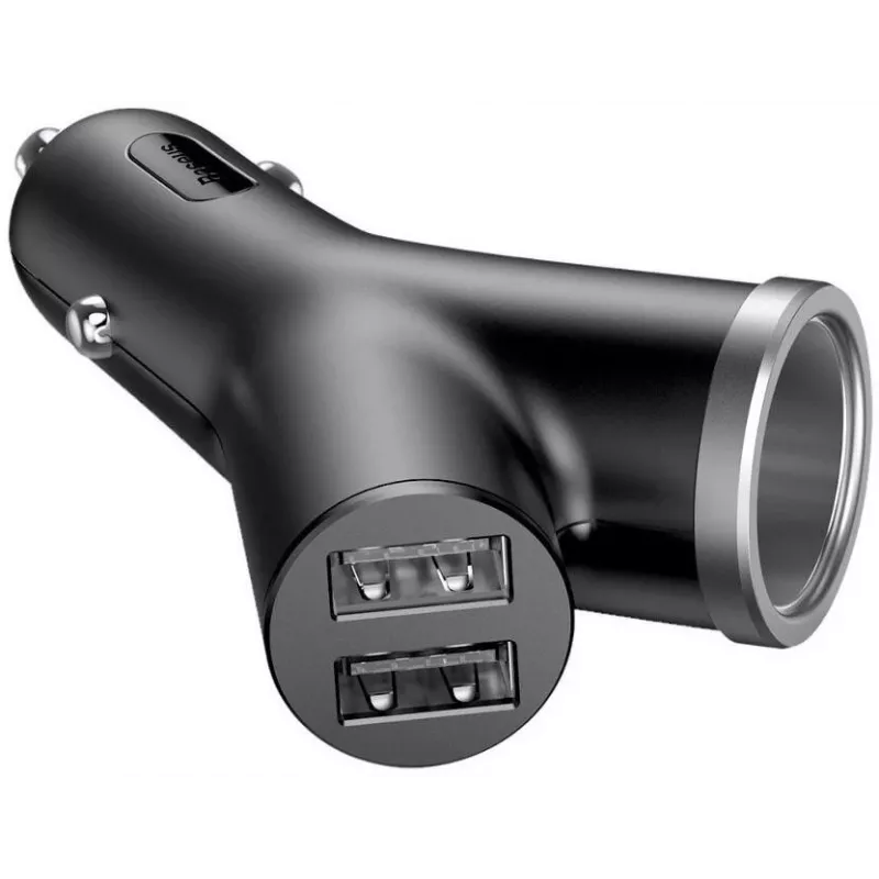 Baseus Y tipa automašīnas lādētājs, 2 USB + cigarešu šķiltavu ligzda, 3.4A, melns (CCALL-YX01)
