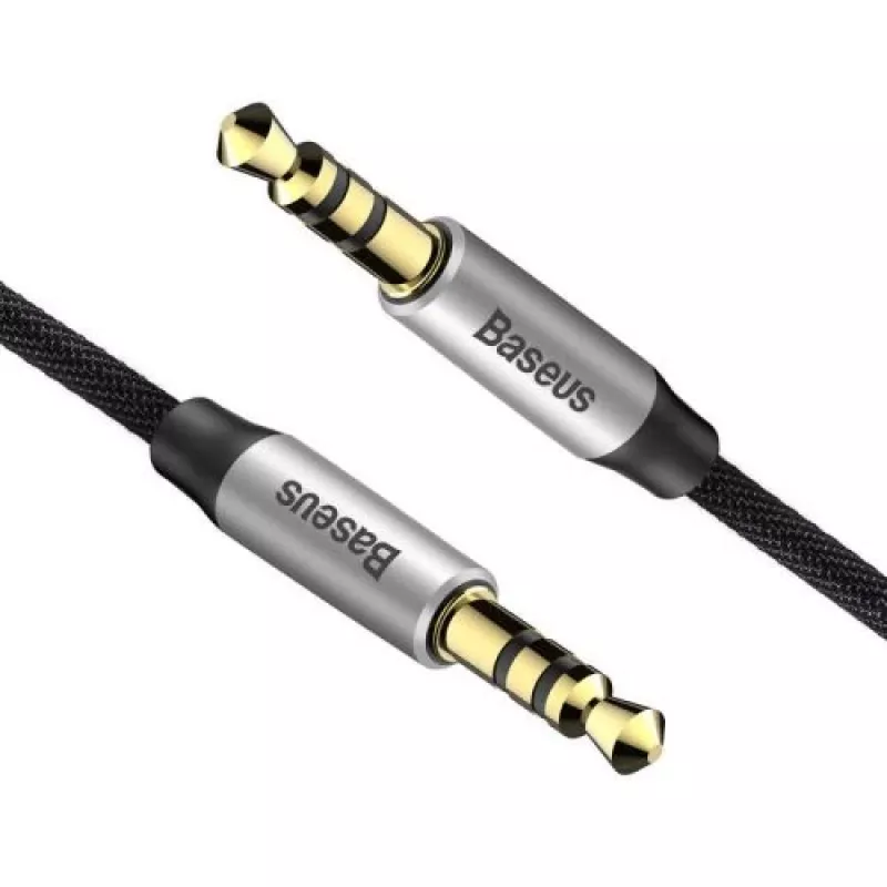 Baseus Yiven M30 3.5mm audio kabelis (vīrišķais uz vīrišķo) – 1m, neilona pinums, zeltīts, melns/sudraba