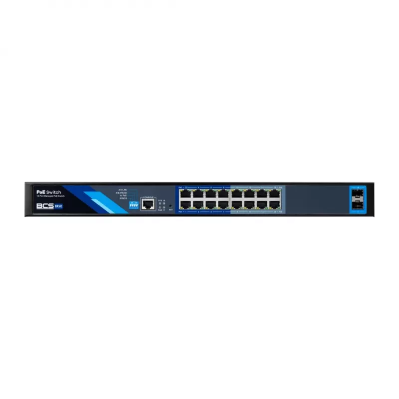 BCS B-SP16G-2SFP-M Industrial Nenodrošināts 16 Portu Gigabit PoE+ Slēdzis ar 2 SFP Slotiem, 240W PoE Budžets, DIN-Sliedes Montāža
