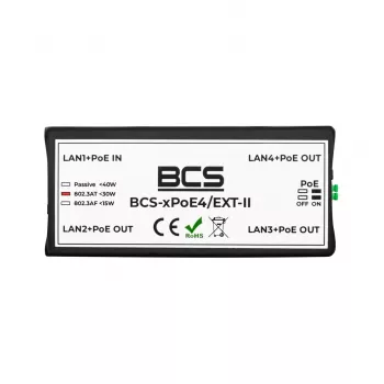 BCS-xPoE4/EXT-II 4-Port PoE+ Switch ar 1 Uplink Portu, 60W Budžets, Paplašināšanas Režīms līdz 250m
