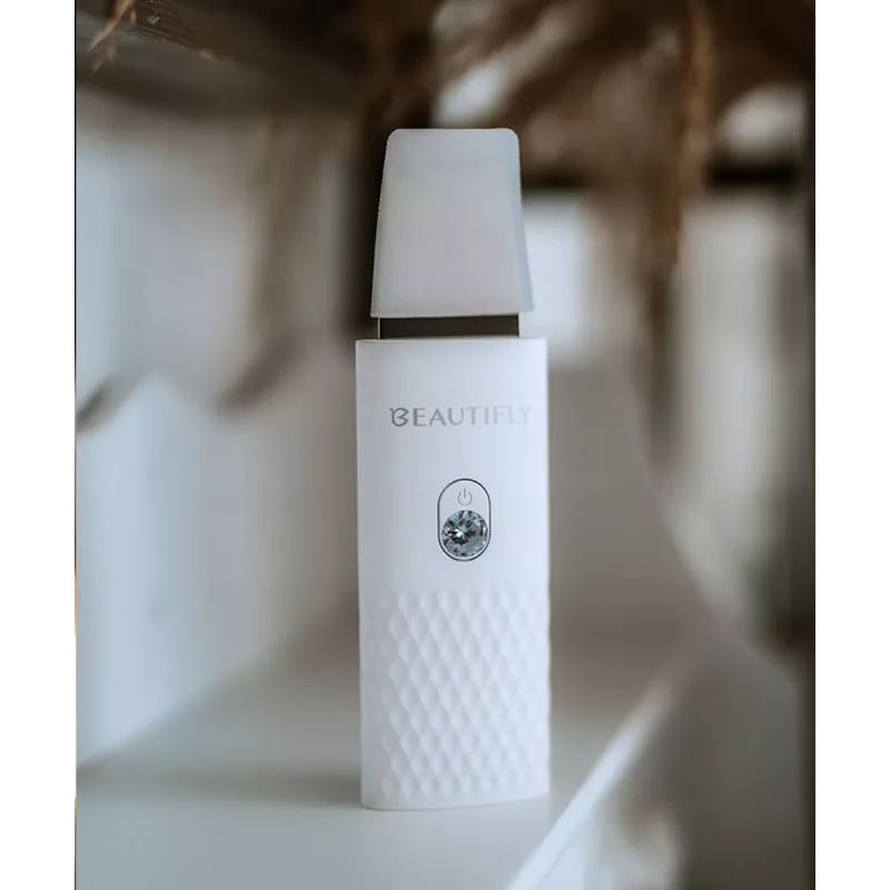 Beautifly Peeling Scrub Mini - Ultrasoniska kavitācijas sejas ierīce ar EMS mikrostrāvu, balta ar rožu zeltu