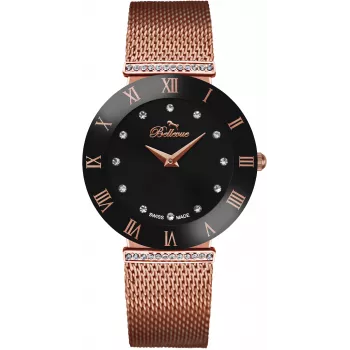 BELLEVUE Woman F102 26mm Quartz Analog Watch White Dial Black Leather Strap