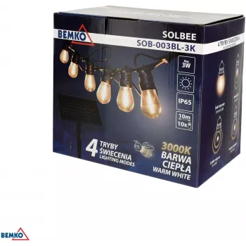 BEMKO SOLBEE Saules darbināmas LED dārza virtenes, 10 LED, 10m, silti balta 3000K, IP65, melna