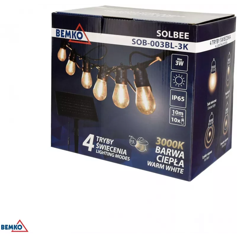 BEMKO SOLBEE Saules darbināmas LED dārza virtenes, 10 LED, 10m, silti balta 3000K, IP65, melna