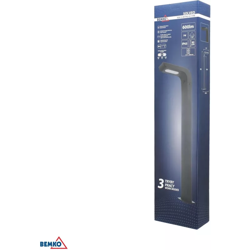 BEMKO SOLVEO Hybrid LED dārza laterna, 7W, 600lm, CCT 3000K/4000K/6500K, 80cm, IP65, tumši pelēka, PIR sensors