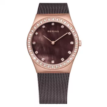 BERING Sieviešu Pulkstenis 12430-262 30mm Roze Zelts Nerūsējošā Tērauda Siets Brūns Saules Staru Ciparnīca