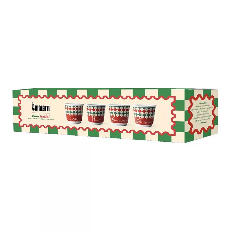 Bialetti 4 Tricolore espreso glāžu komplekts, 80 ml, stikls, Itālijas karoga krāsas, piemērotas trauku mazgājamai mašīnai