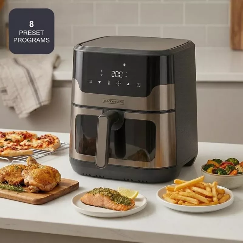 BLACK+DECKER BXAF8001E 8L Digitālais fritieris, 1700W, 8 programmas, nepiedegošs grozs, melns