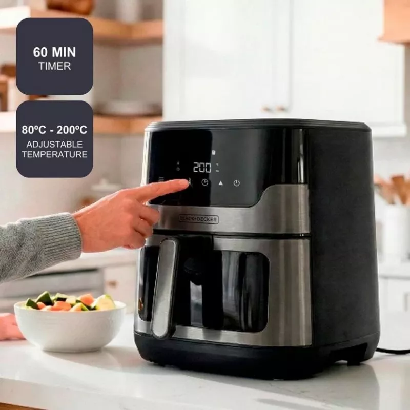 BLACK+DECKER BXAF8001E 8L Digitālais fritieris, 1700W, 8 programmas, nepiedegošs grozs, melns