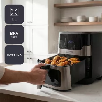 BLACK+DECKER BXAF8001E 8L Digitālais fritieris, 1700W, 8 programmas, nepiedegošs grozs, melns
