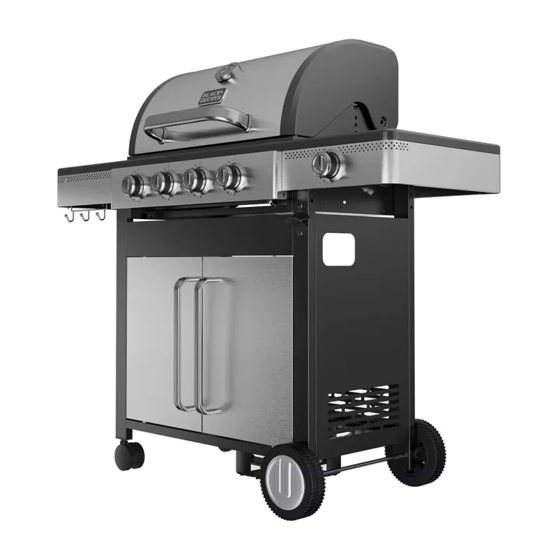 Black+Decker BXOG16550E gāzes grils, 4 degļi ar sānu degli, 16,5 kW, melns un nerūsējošais tērauds