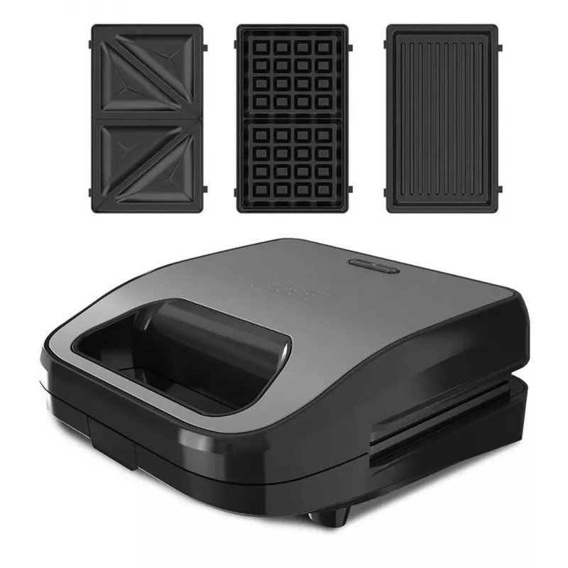 BLACK+DECKER BXSA754E 3-in-1 sviestmaižu gatavotājs, vafeļu pannas un grils ar 3 maināmiem nepiedegošiem paneļiem, 750 W, nerūsējošais tērauds