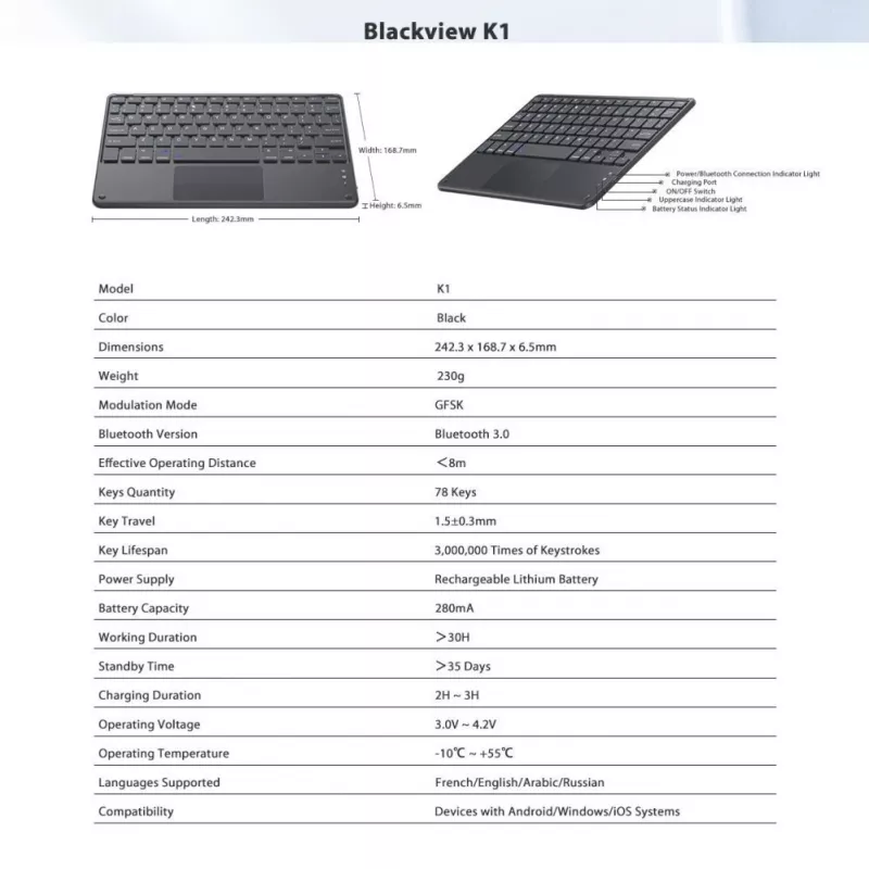 Blackview K1 Bluetooth Keyboard Wireless Ultra Slim 10 inch – 280mAh Battery, Bluetooth 3.0, Compatible with Windows / Android / iOS, Black Gray