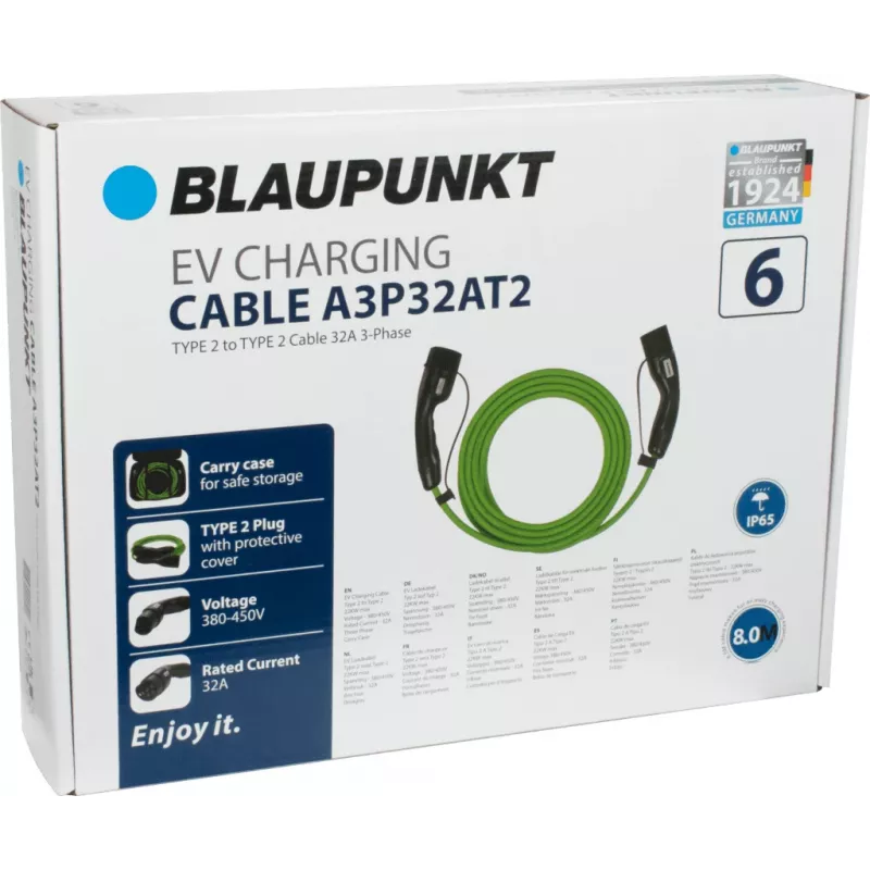 Blaupunkt Type 2 uz Type 2 EV uzlādes kabelis 8m 32A 3-fāžu 22kW (A3P32AT2)