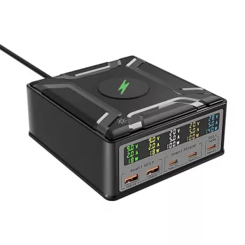 BlitzWolf BW-S28 260W GaN USB-C lādēšanas stacija, 2xUSB-A, 3xUSB-C, 15W bezvadu lādētājs, Melna