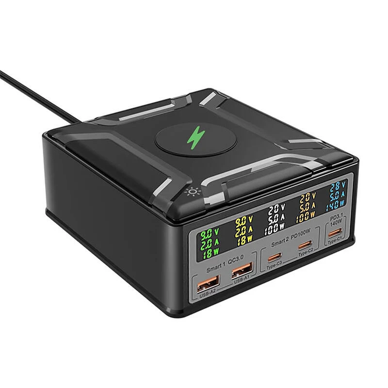 BlitzWolf BW-S28 260W GaN USB-C lādēšanas stacija, 2xUSB-A, 3xUSB-C, 15W bezvadu lādētājs, Melna