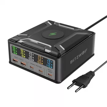 BlitzWolf BW-S28 260W GaN USB-C lādēšanas stacija, 2xUSB-A, 3xUSB-C, 15W bezvadu lādētājs, Melna