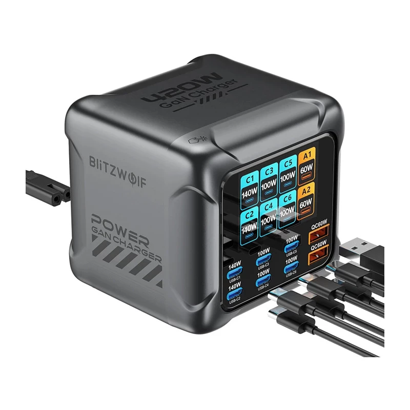 Blitzwolf BW-S33 420W 8-Port USB-A Lādētājs, Melns