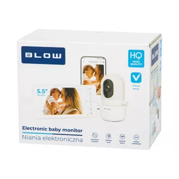 BLOW Electronic Baby Monitor ar 5.5 inch LCD WiFi monitori, Full HD kameru, Pan/Tilt/Zoom, nakts redzamību, divvirzienu audio, temperatūras sensoru, šūpuļdziesmām, 300m darbības rādiusu