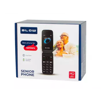 BLOW S24 melns senioru atlokāmais telefons ar SOS pogu, lieliem taustiņiem, divām SIM kartēm, kameru, FM radio, lukturīti, uzlādes statīvu