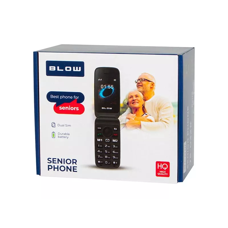 BLOW S24 melns senioru atlokāmais telefons ar SOS pogu, lieliem taustiņiem, divām SIM kartēm, kameru, FM radio, lukturīti, uzlādes statīvu