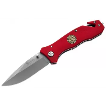 Boker Magnum Fire Dept Knife - Glābšanas kabatas nazis ar drošības jostas griezēju un stikla lauzēju, 440A tērauds, sarkans alumīnija rokturis