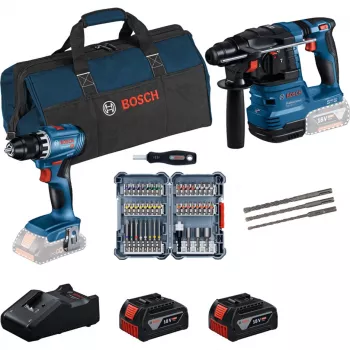 Bosch 18V Professional Set Rotary Hammer GBH 18V-22 + Drill Driver GSR 18V-45 - (zils/melns, 2x Li-Ion akumulators 4.0Ah, āmura urbja un uzgaļu komplekts, instrumentu soma) (0615V0003D)