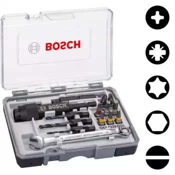 Bosch 2607002786 20 gabalu skrūvgriežu uzgaļu komplekts ar magnētisko universālo turētāju, 25 mm S2 tērauda uzgaļi Phillips, Pozidriv, plakanie, Torx, sešstūra