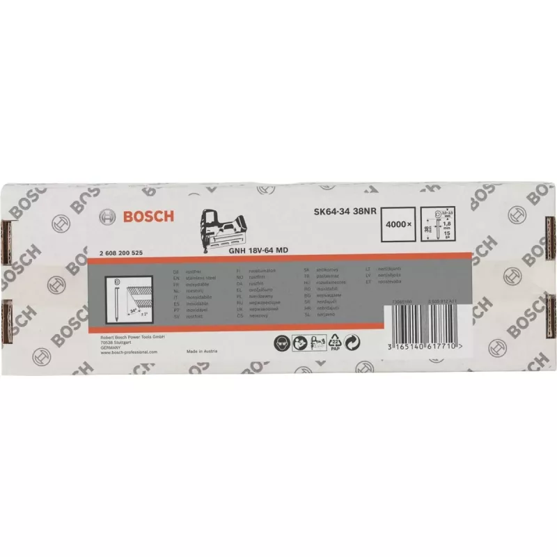 BOSCH POWERTOOLS Iegremdētas apdares naglas SK64-34 38NR, 34° / 1.8 mm / 15 ga (nerūsējošais tērauds, 4000 gab.)