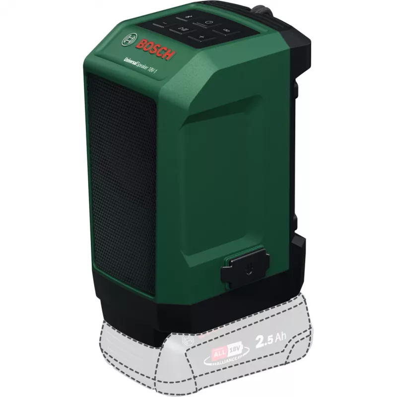 BOSCH POWERTOOLS UniversalSpeaker 18V-1 (Zaļš/Melns, Bluetooth, USB-C, Bez akumulatora, POWER FOR ALL ALLIANCE)