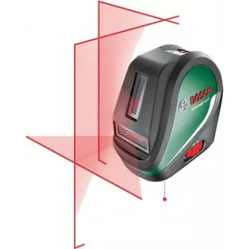 Bosch Universal Level 3 krustenisko līniju lāzers ar svērtajiem punktiem, 10 m darbības rādiuss, sarkans stars, ±0,5 mm/m precizitāte, automātiska pašizlīdzināšanās, 1/4 collu vītne statīvam, 4x AA baterijas 0603663904