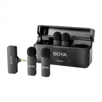 BOYA BY-V4 bezvadu mikrofonu sistēma 2.4GHz ar 4 raidītājiem un 1 uztvērēju (3.5mm savienotājs) Melna