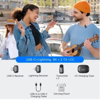 BOYA Mini 2-01 Bezvadu mikrofona sistēma 2.4GHz ar 2 raidītājiem un 2 uztvērējiem (USB-C un Lightning) Melna