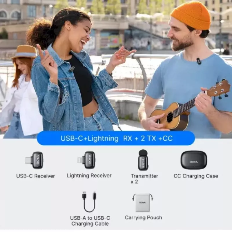 BOYA Mini 2-01 Bezvadu mikrofona sistēma 2.4GHz ar 2 raidītājiem un 2 uztvērējiem (USB-C un Lightning) Melna