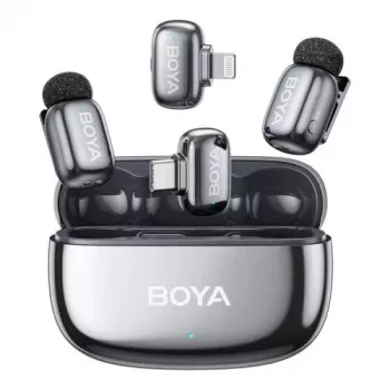 BOYA Mini 2-01 bezvadu mikrofonu sistēma ar AI trokšņu slāpēšanu, 2 raidītājiem un 2 uztvērējiem (USB-C un Lightning), Space Gray