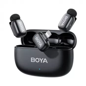 BOYA Mini 2-03 bezvadu mikrofonu sistēma 2.4GHz, AI trokšņu slāpēšana, 2 raidītāji + 1 Lightning uztvērējs, melna