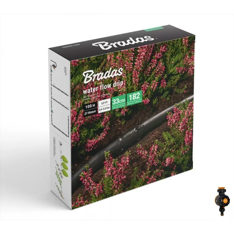 BRADAS Ūdens plūsmas pilienveida apūdeņošanas komplekts 100m ar ūdens taimeri