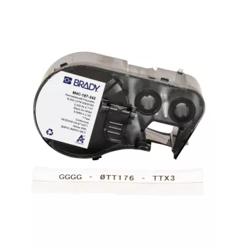 BRADY M4C-187-342 Termosarūkošā vadu marķēšanas kasetne – balta uzmava ar melnu druku, 2,13 m ruļļos, saderīga ar BMP41/BMP51/BMP53/M511