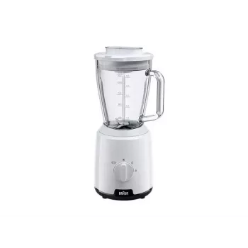 Braun JB1050WH mājsaimniecības PowerBlend 1 stāvmaisītājs ar 1,5 L stikla blendera krūzi, virtuves palīgs smalcināšanai, biezeņa gatavošanai un maisīšanai, ledus smalcināšanas funkcija, 2 ātrumi, 600 vati, balts (JB1050)