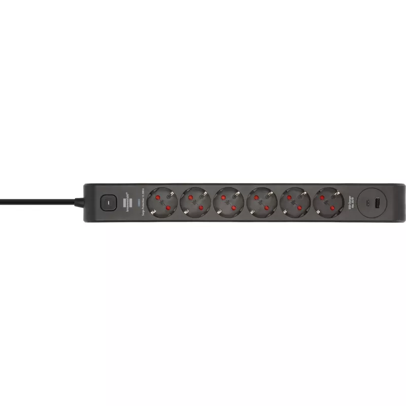 BRENNENSTUHL 6-vietīgs pagarinātājs ar 1x USB-C, 1x USB-A, pārsprieguma aizsardzība 13 500 A, 2 m kabelis, melns/antracīts
