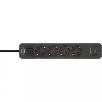 Brennenstuhl Ecolor 4-vietīgs pagarinātājs ar 2x USB-C, 1x USB-A, 1,5m kabeli, drošības slēdzi, melns/antracīts