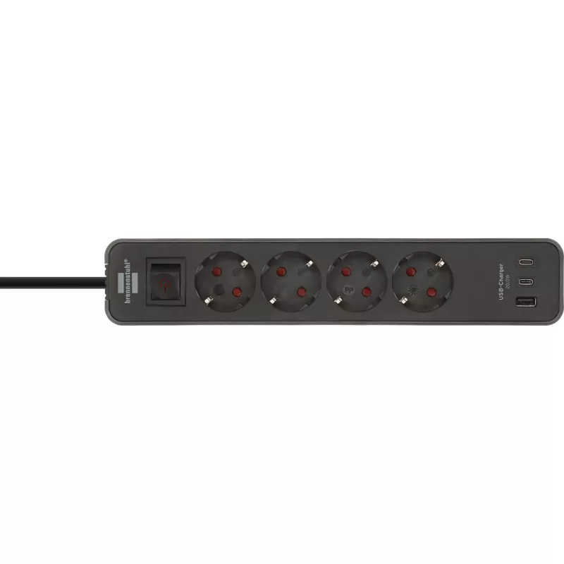 Brennenstuhl Ecolor 4-vietīgs pagarinātājs ar 2x USB-C, 1x USB-A, 1,5m kabeli, drošības slēdzi, melns/antracīts