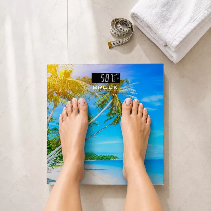 Brock BS 001 digitālie vannasistabas svari ar rūdīta stikla platformu, 180 kg ietilpība, 100 g precizitāte, uzstāšanās tehnoloģija, 2xAAA baterijas iekļautas