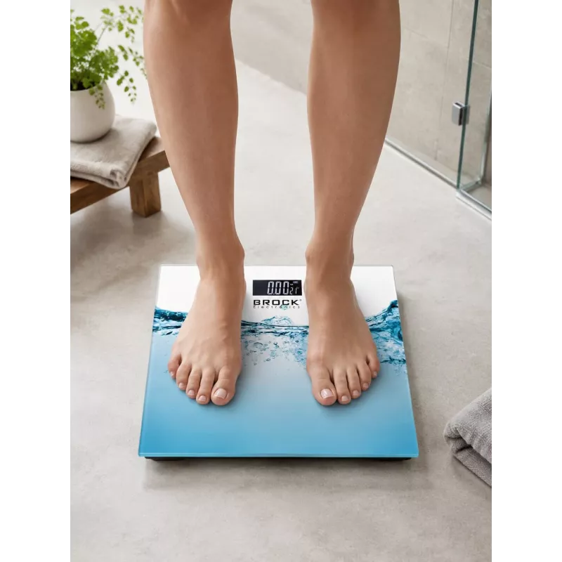 Brock BS 005 digitālie vannasistabas svari ar rūdīta stikla platformu, 180 kg ietilpība, 100 g precizitāte, automātiska ieslēgšana/izslēgšana, baterijas iekļautas