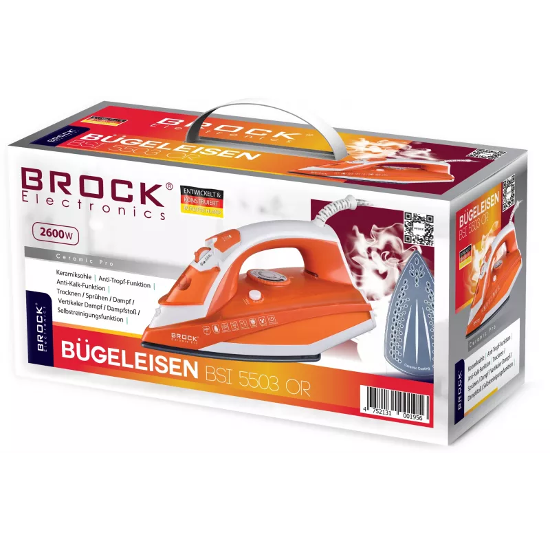 Brock BSI 5503 OR tvaika gludeklis 2600W keramikas zoles plāksne oranžs