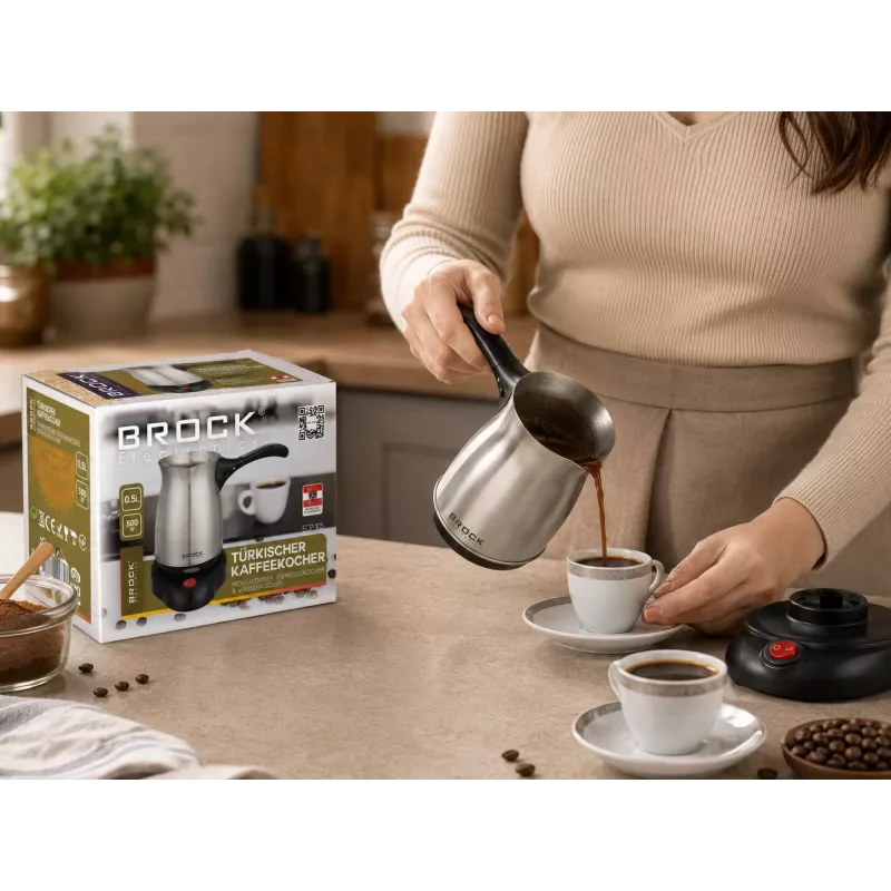 Brock ECP 105 elektriskā turku kafas vārītāja, 300 ml, 800 W, melna un nerūsējošais tērauds, 4 krūzes, bezvadu ar 360° pamatni