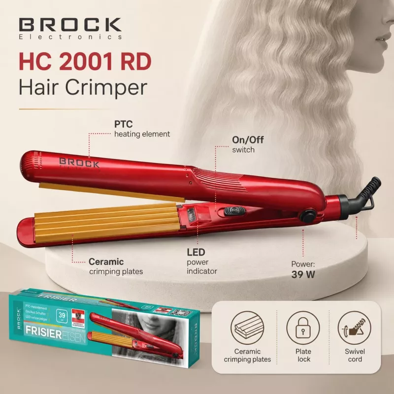 Brock HC 2001 RD keramiskais matu gofrētājs 25W sarkans
