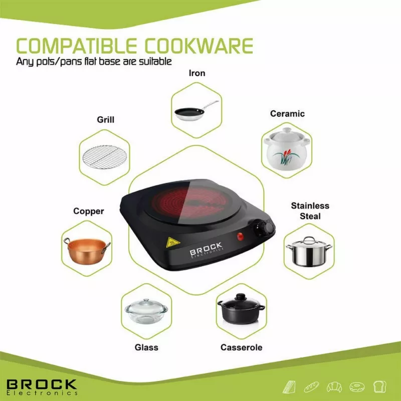 Brock HPI 3001 BK 1500W viena elektriskā plīts virsma ar čuguna plāksni un regulējamu termostatu, melna