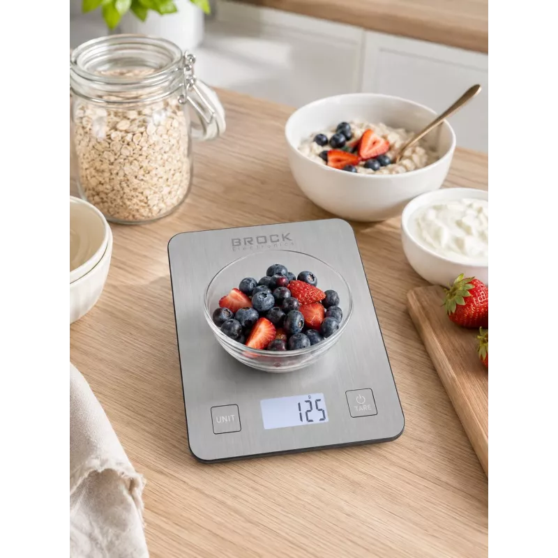 Brock SKS 1009 digitālie virtuves svari ar LED displeju, 5 kg ietilpība, 1 g precizitāte, rūdīta stikla platforma, melni