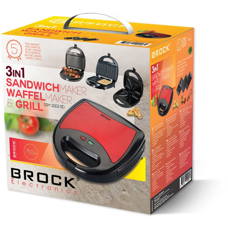 Brock SSM 2003 RD 3-in-1 sviestmaižu gatavotājs, vafļu gatavotājs un grils, 750 W, melns/sarkans